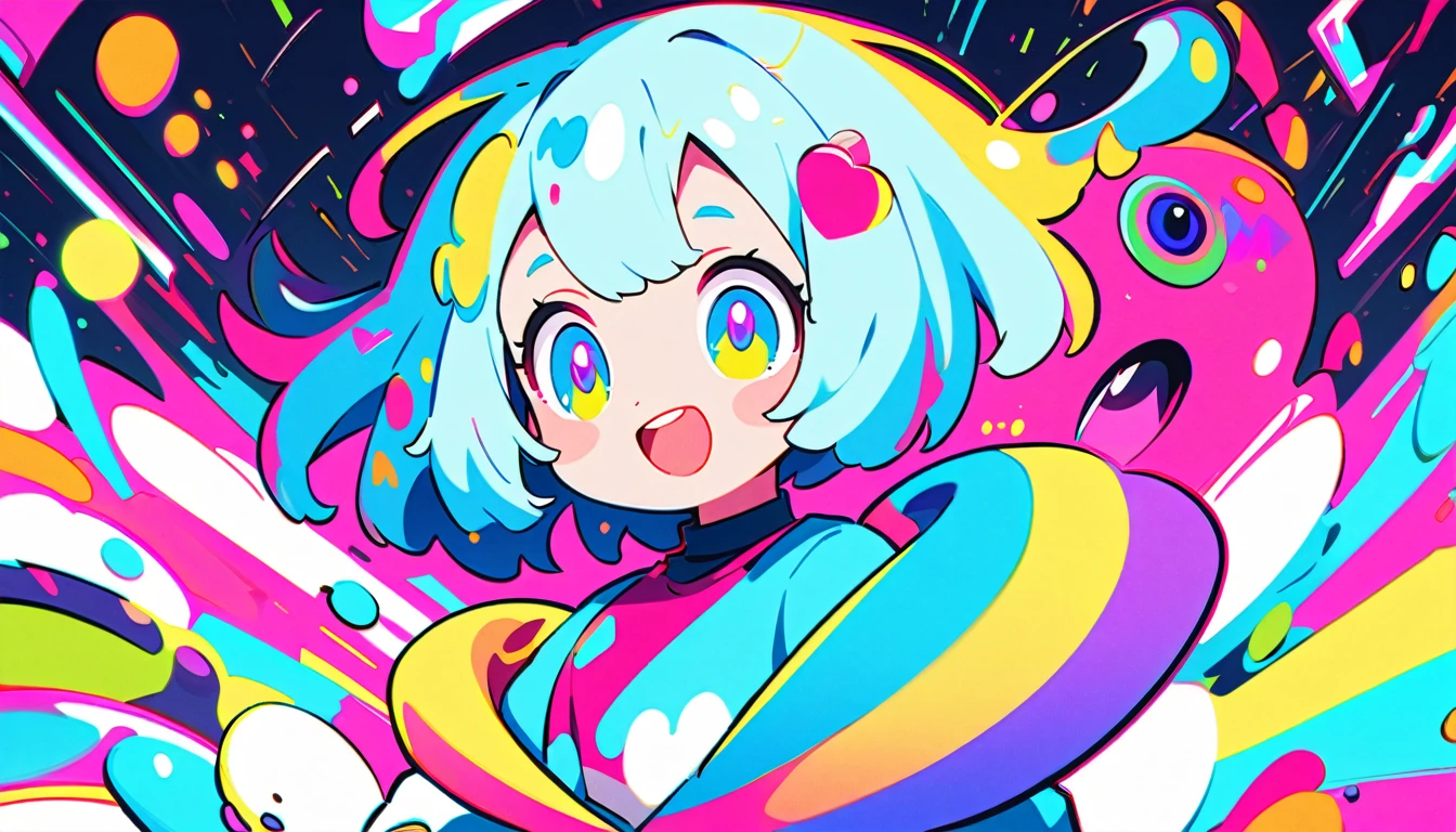 Vibrant art,pop、bright、colorful, 1 female, Light blue hair, short hair、Happy,cute, animation style, kawaii, clearly, colorful cyberpunk, bubblegum pop, cute、Pink and light blue as main colors、I'm cheering loudly、 Headphonesをしている、Headphoneusic、buzzer、buzzer, tropical,