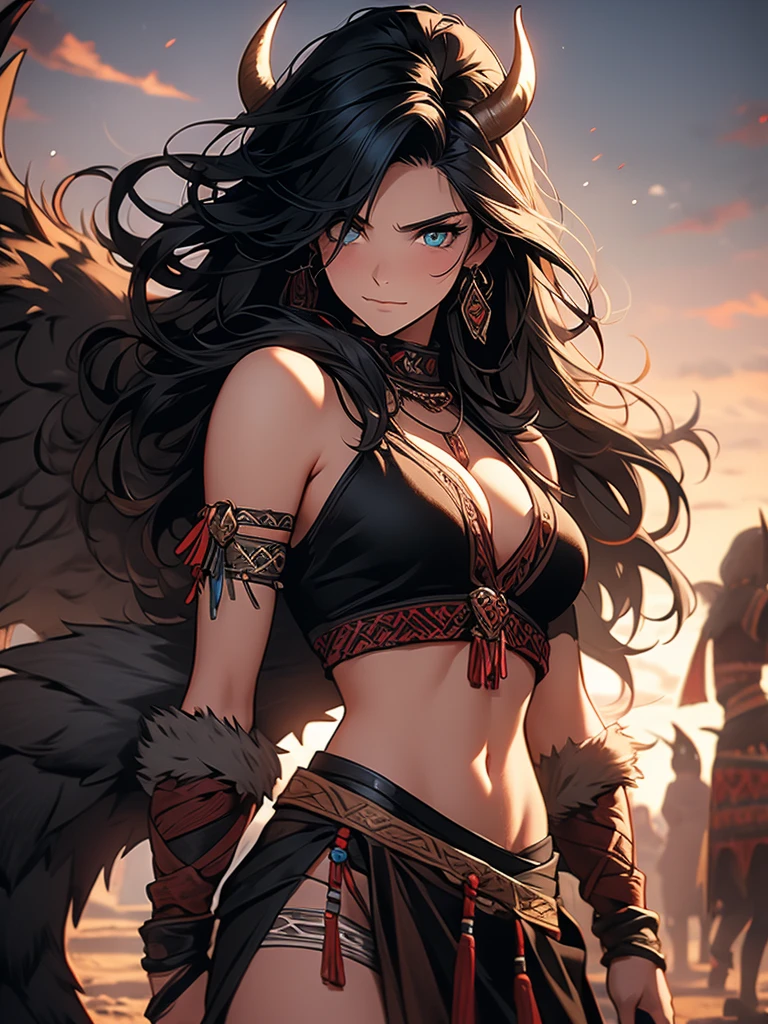 female, barbarian, braided black hair, tribal clothing, fur clothes, leather underwear, Demonic Right Arm