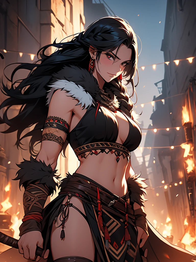 female, barbarian, braided black hair, tribal clothing, fur clothes, leather underwear, Demonic Right Arm