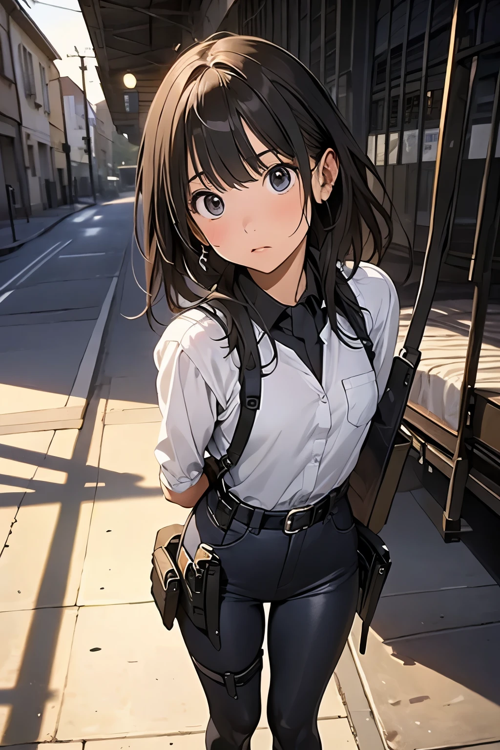 high quality, masterpiece, Ultra-high resolution, (realism: 1.4), Oil painting style, Cinema Lighting, I stood on the empty asphalt road and looked at it., , And the suspenders with the cranes flying Moderate breasts Small face holster Lying in bed Looking up Sweat belt summer 脇Sweat Black Hole Gloves suit shirt Black jacket Black trousers Leg Links ズボンにbelt holster Hands behind your back Anxious expression Looking up Anxious face, no resistance Hands behind your back