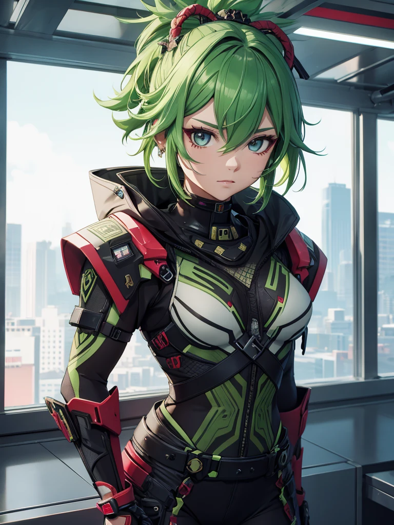 Kuki Shinobu from Genshin impact, 1woman, wearing a futuristic cyberpunk outfit, at future city, green colour hair style, 8k, high detailed, high quality