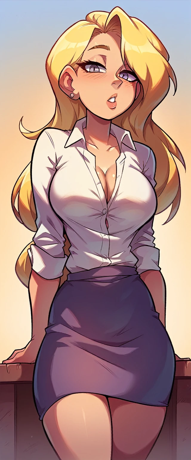 A sexy sensual woman beautiful beautiful attraction big breast long blonde yellow hair her gray eye wears a white button-down office shirt and a short purple skirt