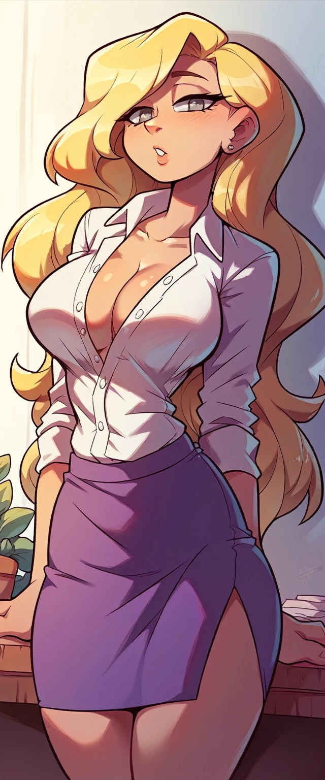 A sexy sensual woman beautiful beautiful attraction big breast long blonde yellow hair her gray eye wears a white button-down office shirt and a short purple skirt 