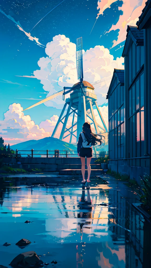 masterpiece, Exquisite detail,Highest quality, One girl, alone, handrail, cloud, buildings,Long Hair, zero, Long sleeve, Power lines, White footwear, Black Hair, Electric pole, bangs, cloudy zero, fish, bird, Green Eyes, Shorts, Day, Black Shirt, barefoot,Star,milky way,Meteors,Pitch black,Buildings,High quality anime art style,Standing painting,Splash ink background,Blue Themes,Clear Face,Distinct facial features,Fuji Mountain,Fuji Mountain,Buildings in Tokyo,Looking at me,View from behind,Shining Star々,milky way,sitting in water,Bright sky,Daytime,Looking straight ahead,Future City,windmill