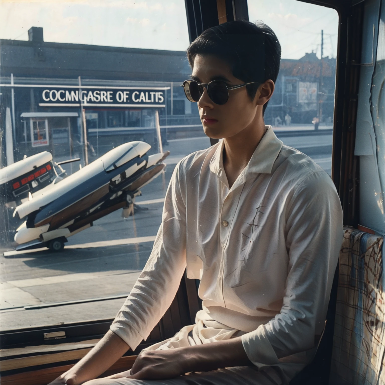 1944 , still frame from a movie by Robert Elswit, ((long shot)), viewer looking from outside the airplane, 25yo ((a indonesian man:0.5)) ,wearing sunglasses, au courant 1940s hairstyle, world-war-II US Army Air Corp flight suit and leather pilot-helmet, relaxed expression, climbing into the cockpit of a P-51 Mustang fighter plane, highly detailed skin with visible pores, poster with ((text slogan , "BAD IDEA!")), symmetrical face, highly detailed face, insane intricate detail, award winning art, raytracing, sharp focus, 8k, hdr, masterpiece, photography, dslr, kodachrome, 35mm photograph, analog film, professional, highly detailed