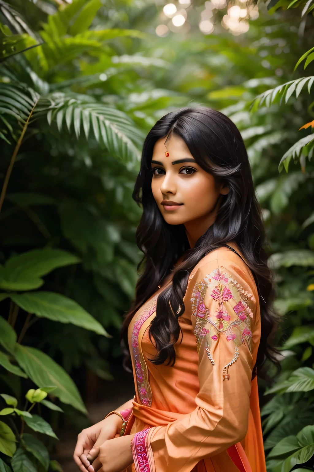 beautiful Indian girl in Indian salwar kameez, wearing a vibrant orange and pink salwar kameez with intricate embroidery, standing in a lush garden, long black hair adorned with jasmine flowers, delicate jewelry enhancing her natural beauty, surrounded by blooming flowers and greenery, exuding a sense of youthful innocence and grace, Photography, captured with a Nikon D850 using a 50mm f/1.8 lens, --ar 9:16 --v 5