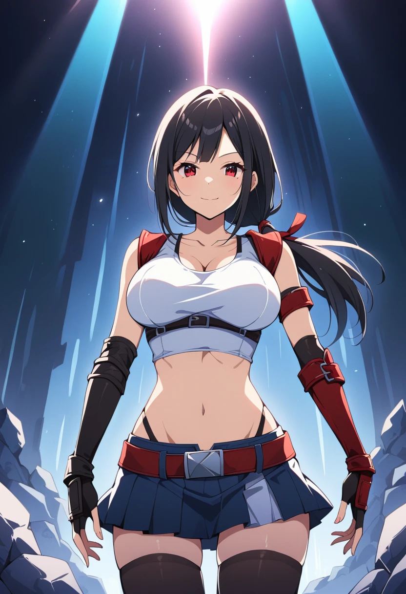score_9, score_8_up, score_7_up, ,front_view,breast below view,,(soro focus),standing,straight-on,,(),,,(upperbody),looking_at_viewer ,1girl, tifa lockhart, final fantasy,(beautiful woman). tareme,black hair, low-tied long hair, red eyes, bangs, white tank top,gap, belt, pleated skirt, thighhighs, elbow fingerless gloves, elbow pads, midriff, navel,suspender skirt.zettai ryouiki ,(large_breasts:1),((perky breasts;1,3)),(light smile),slender_waist:1.2 ,Solo,,(daytime and outdoors),(masterpeace),(best quality),((aesthetic,very aesthetic)),,highly detailed,(megami_magazine),(professional lighting),(cinematic lighting),great lighting,