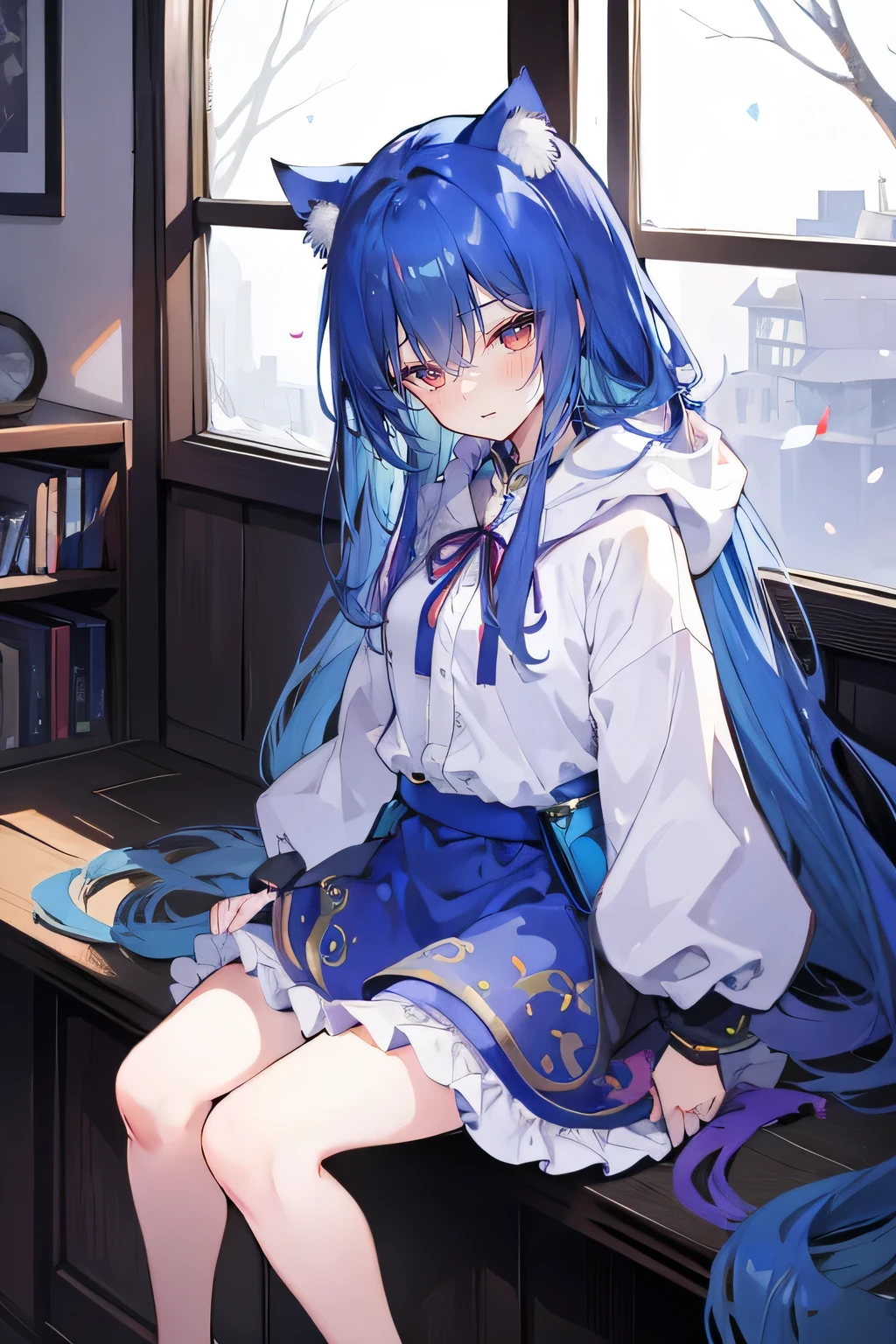 (masterpiece:1.uper detailed,lifelike,Expressive eyes,fair skin,perfect face shape,1 girl,
Japanese comics,Gorgeous blue hair,flowing blue hair,flowing clothes,Cat ears,Petals fall,beautiful lola,Baby Angel,
Shaking head with one hand,Cross your legs,Gentle and peaceful background,The pavilion is cool and comfortable,smile, wearing hoodie, In front of the window,snowing