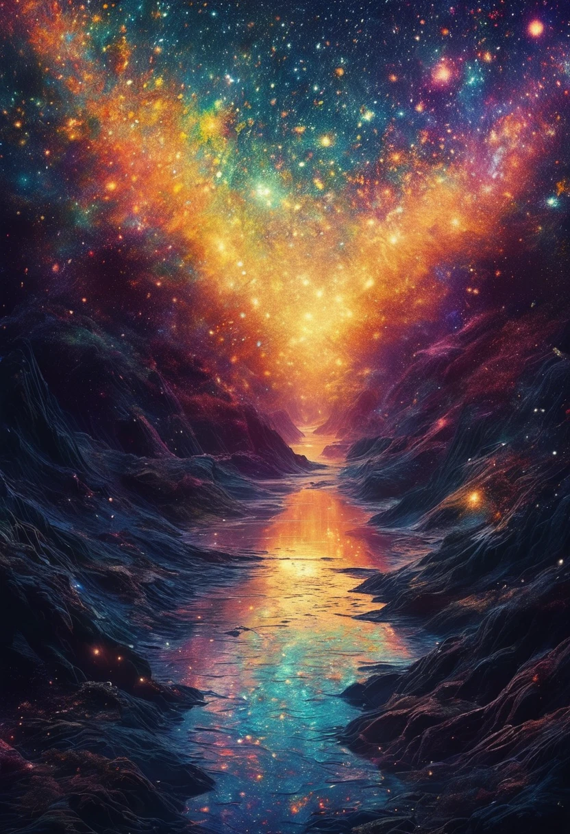 (The human body melts into particles of light:1.4), silhouette、Grains of light stretching across the screen, Colorful particles、女性の体のsilhouette、color々なcolorの星の背景、diego gisbert lawrence、Joe San Gonzalez Dan Mumford、Picture book illustrations、Psychedelic Art、Starry Sky、nebula、vague、superwide shot、Highest quality、Ultra-detailed、Intensive、Golden ratio composition、