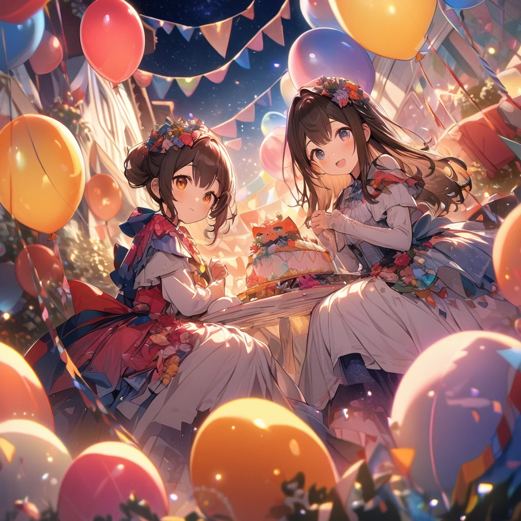 Two beautiful brides,白と赤のバラが飾られたcute白いキャラバン, diamond, Lots of fairy lights, Bunting, balloon, cute, beautiful, Vibrant colors, Complex, Very detailed, Warm lighting, Sharp focus, beautiful starry sky, Perfect composition, Extreme camera angles,