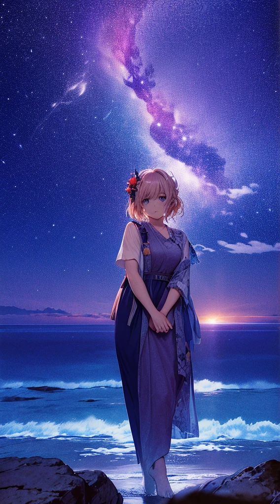 masterpiece、Vast landscape((Amazing starry sky、Aerial、meteor、Black Hole、Beach))、Blonde、shortcut、Beautiful girl、Huge 、透明感のあるcolor合いのビキニに繊細な刺繍、color々Pause、Wet Hair、Your body is wet、sweating、Lie on your back、look up、Flower Hair Ornaments