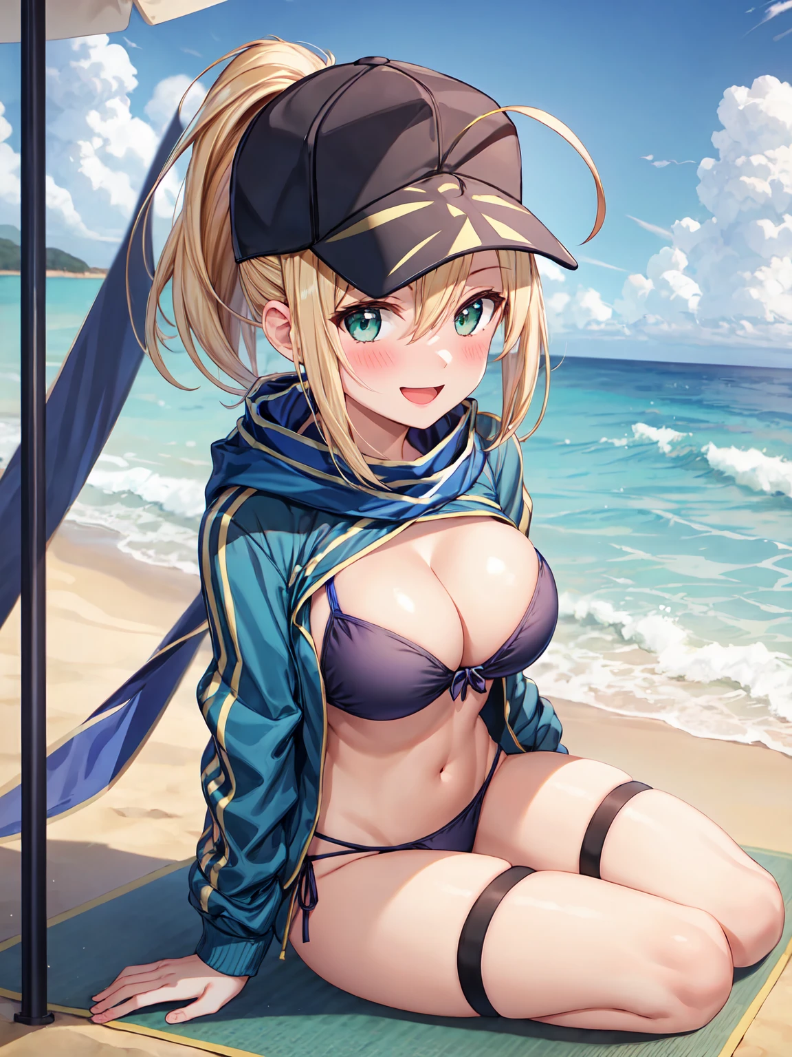Masterpiece ,best quality , high resolution , (1 girl solo:1.38) , (Mysterious Heroine X , ahoge,blonde hair , baseball cap , ponytail, hair between eyes) , (cleavage:1.2) , (medium breast:1.28) , ( wear bikini , stockings) , (cleavage:1.15) , (big breast:1.1) , (face view , front view , from front , look at view ) , (outdoor , sea , ocean, sand , beach , sun_umbrella , beverages) , (sitting on mat ) , ( smile , open mouth , full face blush , shy )