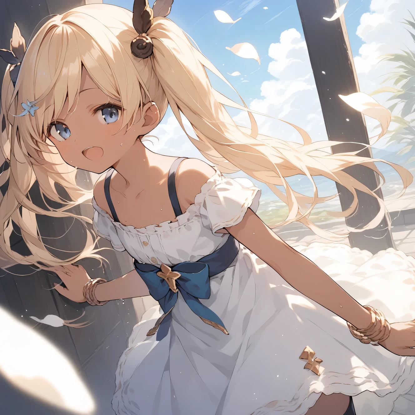 score_9, score_8_up, score_7_up, source_anime, best quality, masterpiece, official art, absurdres, highres, ultra-detailed,waifu2x,Collection: Slice of Life,break,1girl, io \(granblue fantasy\), (dark-skinned female), blonde hair, swept bangs, blue eyes,gradient hair, hair ornament, long hair, flat chest, thighhighs, twintails, sweat, open mouth, sleepily, outdoors, wind,break,(clear line illustration:1.2), super detailed skin,very high resolution, very aesthetic, Best sexual lighting powered by famous artist, 8k,cute picture,beauty illustration,photoshop_(medium),,(Detailed Lighting),best anime 8k konachan wallpaper, pixiv contest winner,