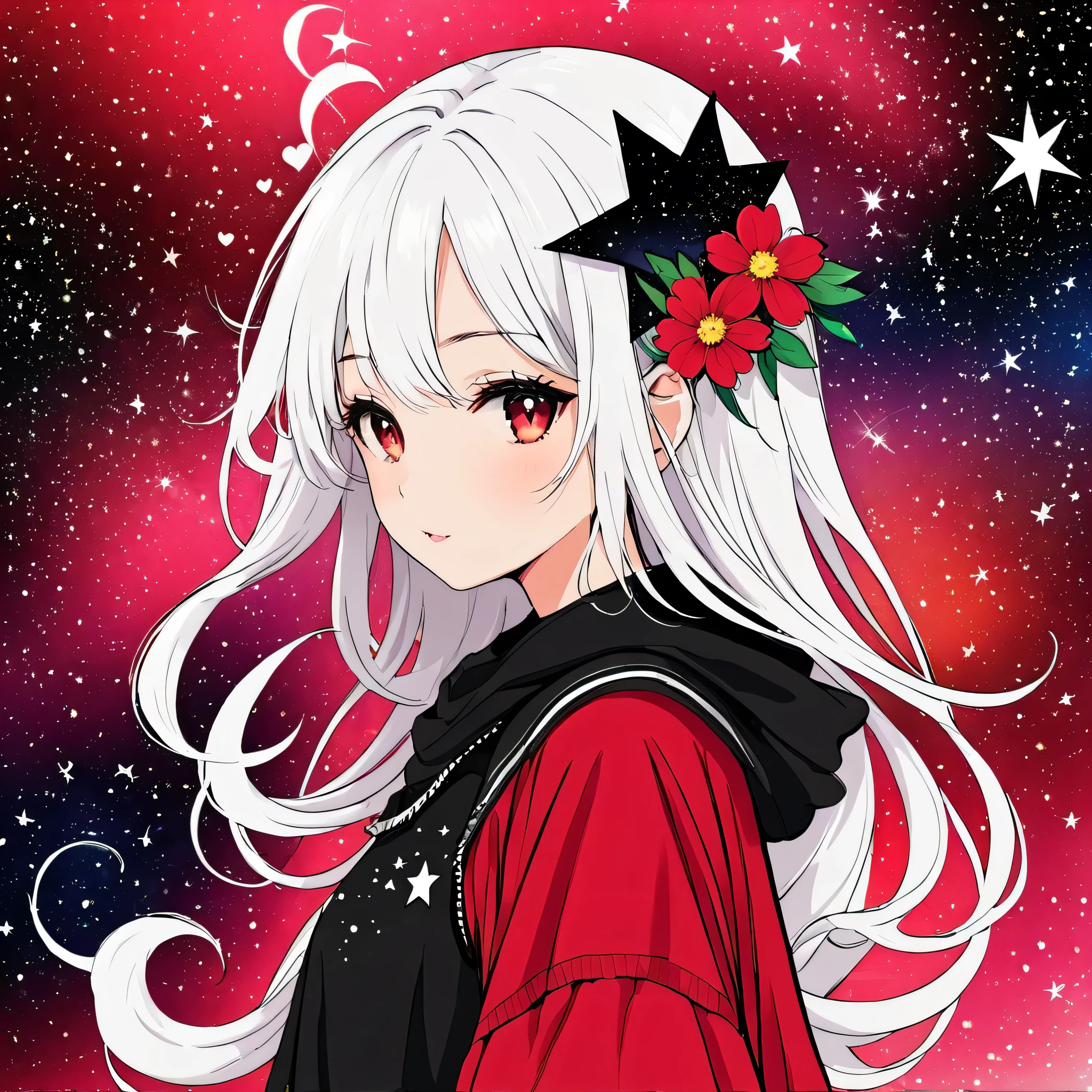 Black Star Red and White style, Simple Line Initialism，Abstract art，Kawaii Design, The most beautiful girl of all time、chibi, The background is star dust, colorful hearts, colorful flowers,