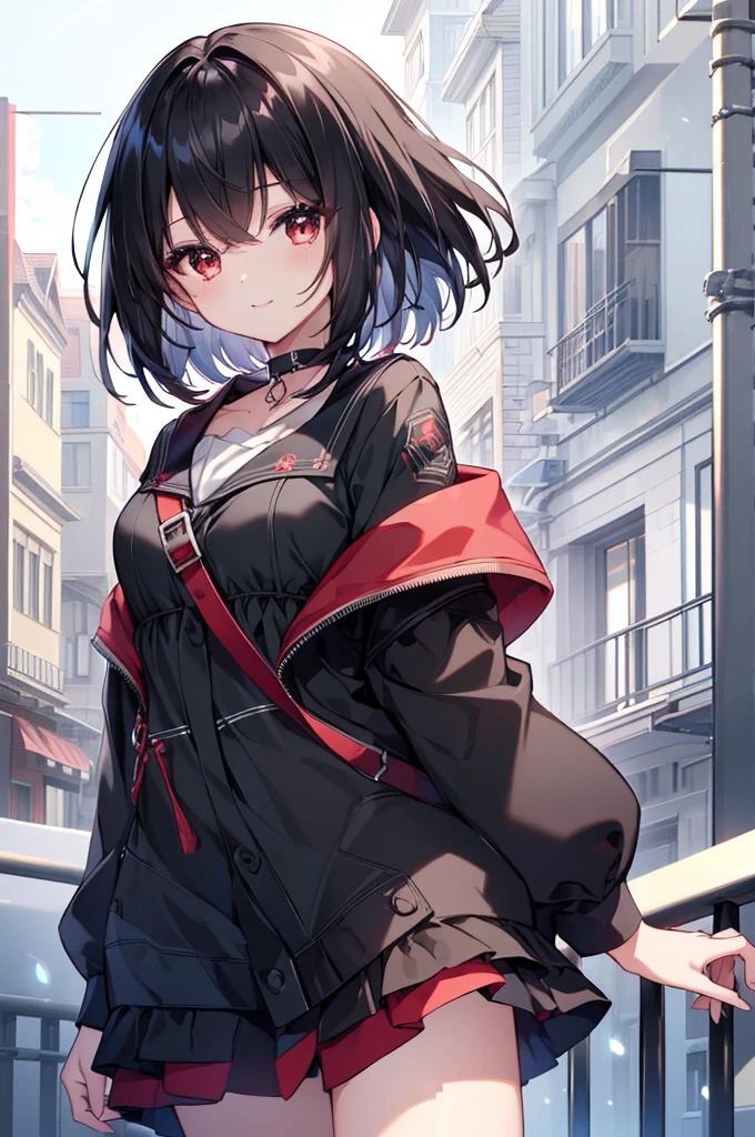 (masterpiece, highest quality, highest quality, (No text), Beautiful and aesthetic:1.2),No text,アニメ、BREAK,One Girl,Black Hair Girl short hair older sister choker Tree Eyes Beautiful eyes Red eyes cool smile Red and Black Black jacket mini skirt whole body In town