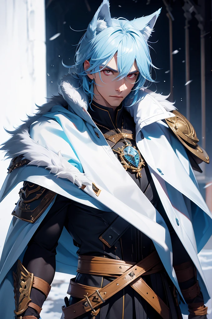 Tall man, wolf ears, Fur cape, armor, winter background, Buff, Stern look, light blue hair, red eyes, martial artist, armor buff, older man