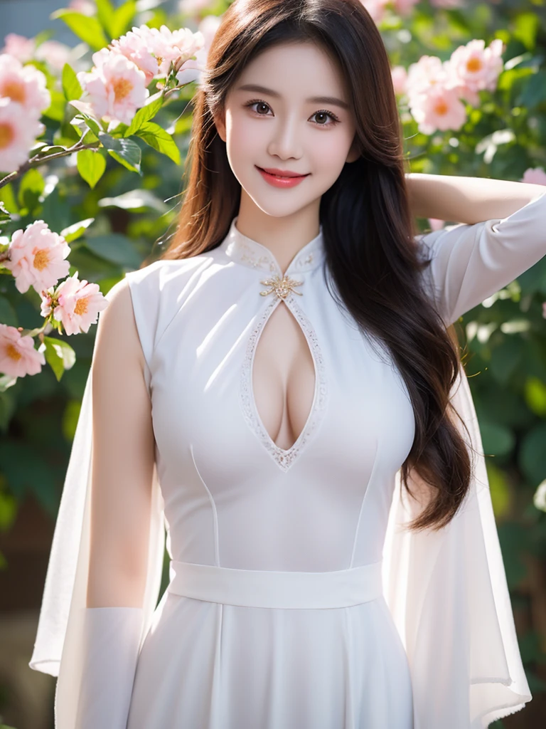 girlcuchoami, 1 Girl, Smile, Ao Dai White, Photography Art, flower, A stunning photo，High color saturation, Ultra-high resolution,(Practical:1.4)),Deep Shadows,(best quality, masterpiece), Pale skin, Dark, In the shade, flurry, blush, Very detailed, Skinny, Break the depth of field, Film Grain, Skin wrinkling, Looking at the audience, knee, warm Smile, (Upper Body), masterpiece,ultra Practical,32k,Extremely detailed CG unity 8k wallpaper, best quality，((Full breasts：1.5))Full breasts，（Huge breasts：1.5）Huge breasts，Breast augmentation