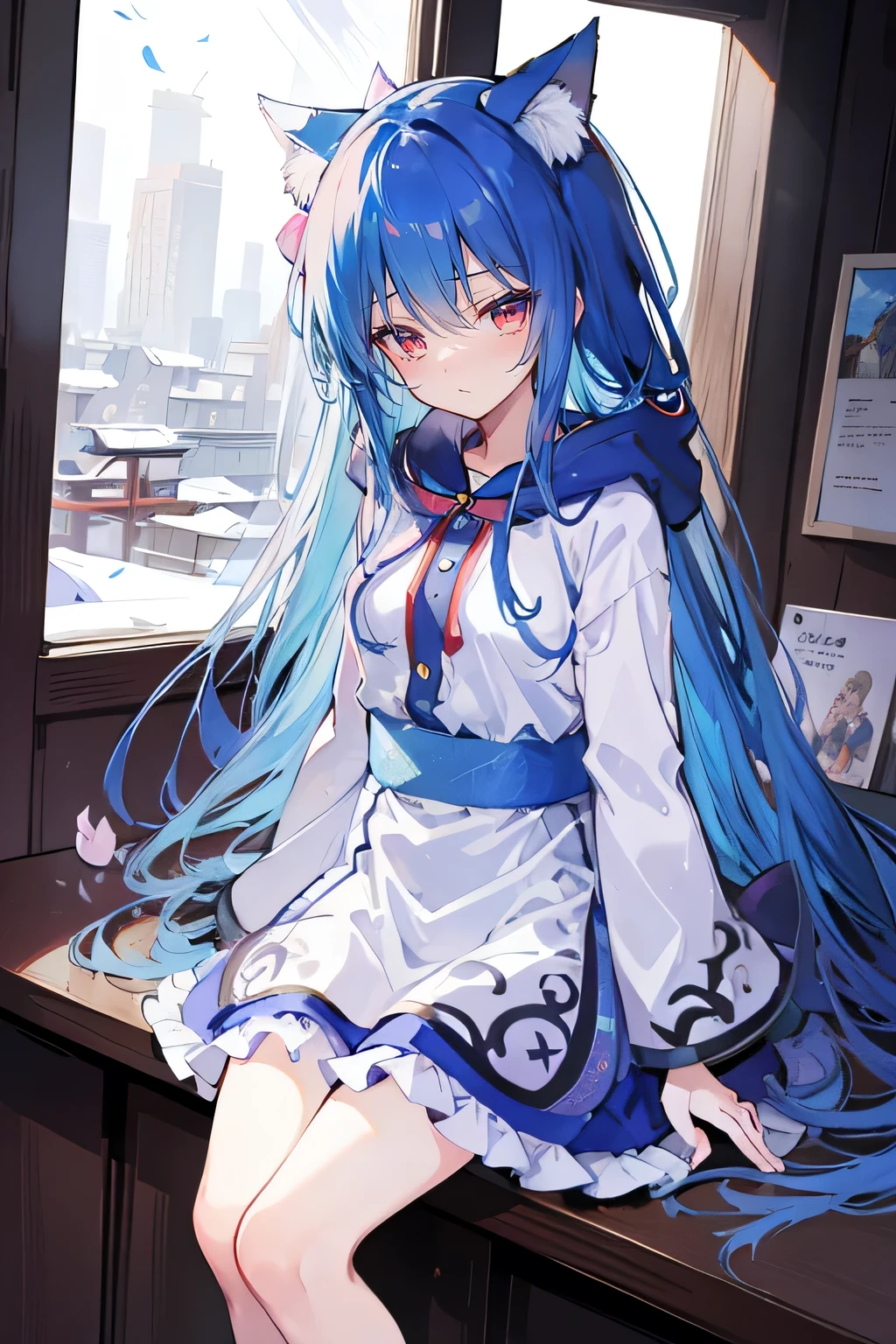 (masterpiece:1.2),Super detailed,lifelike,Expressive eyes,fair skin,perfect face shape,1 girl,
Japanese comics,Gorgeous blue hair,flowing blue hair,flowing clothes,Cat ears,Petals fall,beautiful lola,Baby Angel,
Shaking head with one hand,Cross your legs,Gentle and peaceful background,The pavilion is cool and comfortable,smile, wearing hoodie, In front of the window,snowing
