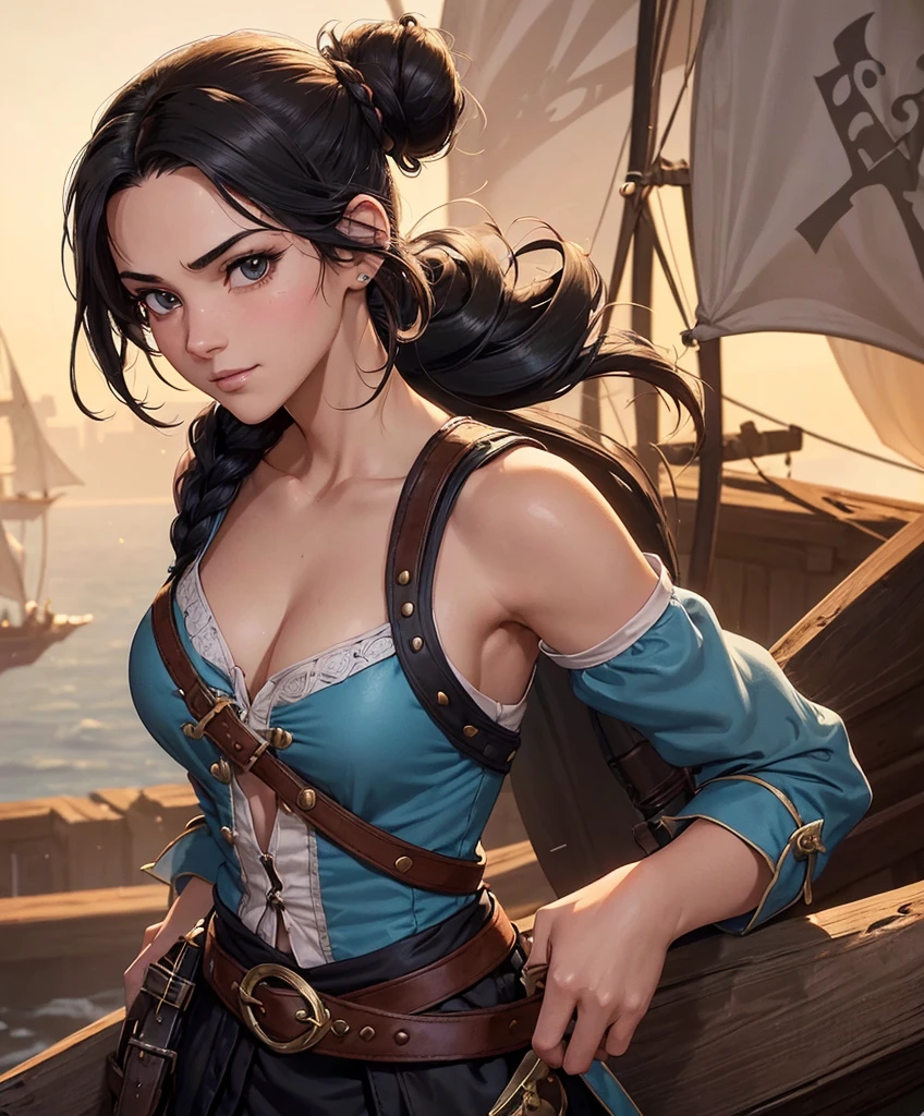 (((Single character image.))) (((1girl))) (((Dressed in medieval swashbuckler attire.))) (((Shoulder length hair))) (((Cute black hair in a topknot.))) Cute female swashbuckler.  (((Large chest.))) Perfect physique.  Lusty smirk. dressed in a puffy shirt and pirate vest flirty, best quality:1.0,hyperealistic:1.0,photorealistic:1.0,madly detailed CG unity 8k wallpaper:1.0,masterpiece:1.3,madly detailed photo:1.2, hyper-realistic lifelike texture:1.4, picture-perfect:1.0,8k, HQ,best quality:1.0,