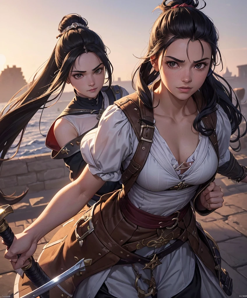 (((Single character image.))) (((1girl))) (((Dressed in medieval swashbuckler attire.))) (((Shoulder length hair))) (((Cute black hair in a topknot.))) Cute female swashbuckler.  (((Large chest.))) Perfect physique.  Lusty smirk. dressed in a puffy shirt and pirate vest flirty, best quality:1.0,hyperealistic:1.0,photorealistic:1.0,madly detailed CG unity 8k wallpaper:1.0,masterpiece:1.3,madly detailed photo:1.2, hyper-realistic lifelike texture:1.4, picture-perfect:1.0,8k, HQ,best quality:1.0,