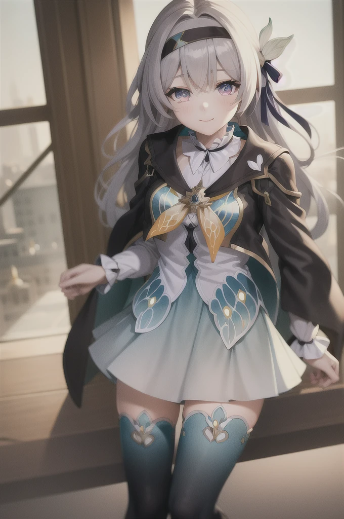 firefly \(honkai: star rail\), 1girl, solo, 座っている、grey hair, long hair, purple eyes, black hairband, jacket, dress, long sleeves, white sleeves, shirt, thighhighs, blue thighhighs, closed mouth, light smile, black thighhighs,