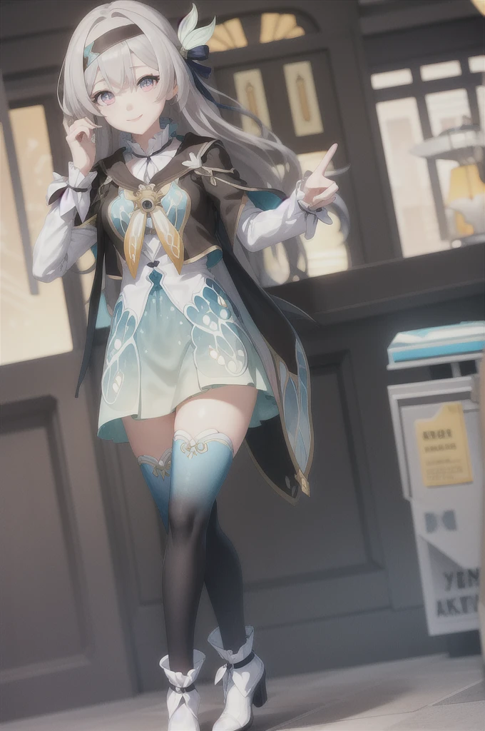 firefly \(honkai: star rail\), 1girl, solo, 座っている、grey hair, long hair, purple eyes, black hairband, jacket, dress, long sleeves, white sleeves, shirt, thighhighs, blue thighhighs, closed mouth, light smile, black thighhighs,