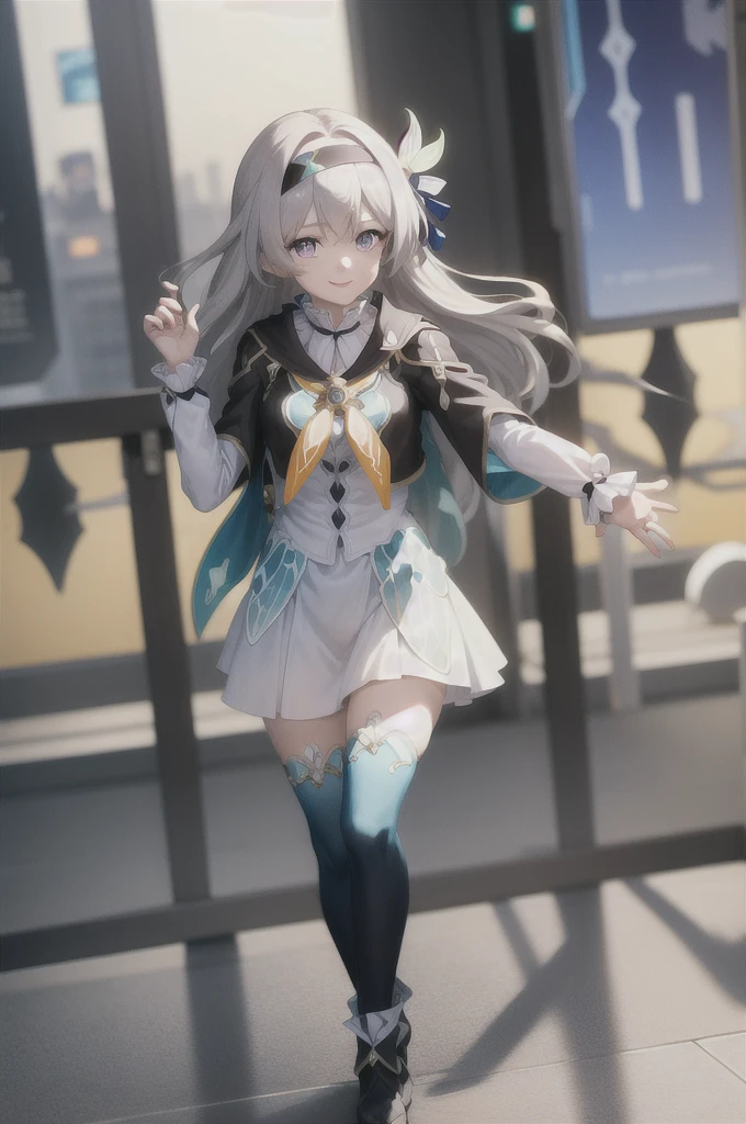 firefly \(honkai: star rail\), 1girl, solo, 座っている、grey hair, long hair, purple eyes, black hairband, jacket, dress, long sleeves, white sleeves, shirt, thighhighs, blue thighhighs, closed mouth, light smile, black thighhighs,