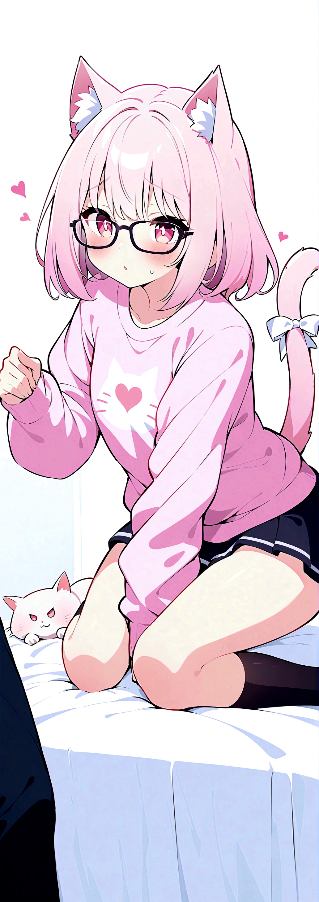 I have white pink hair, cat ears, A good, my face is super red, black glasses, pink heart eyes, a big pink sweatshirt, a black skirt, black stockings, White shoes, a cat tail, a woman. Very shy on his knees on his bed holding onto his tail