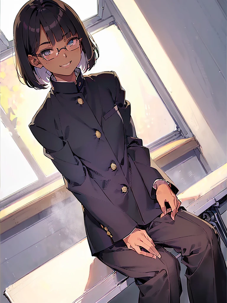 (1 girl solo),(dark skin:1.5),(masterpiece:1.2), highest quality, High resolution, unity 8k wallpaper, (fine and beautiful eyes:1.6), highly detailed face, perfect lighting, Detailed CG, (perfect hands, perfect anatomy),20 years old, (black hair:1.3), detailed eyes, best quality, extremely detailed, very precise detailed, (glasses:1.4), , (straight hair:1.5), (evil smile:1.4) ,long sidelocks, (blush:1.3),(gakuran,long pants:1.5),(short Bobbed hair:1.4),(blunt bangs:1.4), (greaming skin:1.3),(in class room:1.3),(sit on desk:1.4),(spread legs:1.4),(flat chest:1.3),(open dakuran:1.7),(Dress shirt under gakuran:1.4)