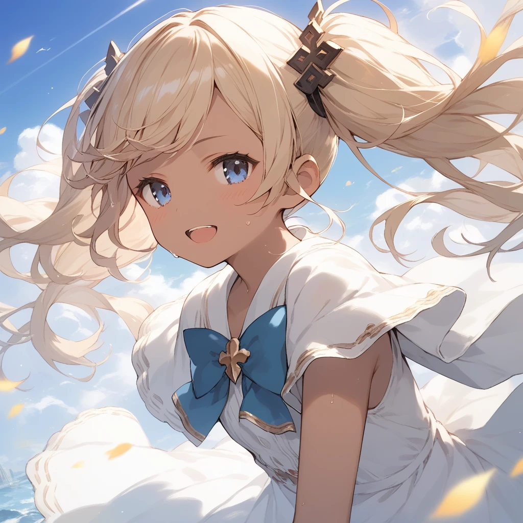 score_9, score_8_up, score_7_up, source_anime, best quality, masterpiece, official art, absurdres, highres, ultra-detailed,waifu2x,Collection: Slice of Life,break,1girl, io \(granblue fantasy\), (dark-skinned female), blonde hair, swept bangs, blue eyes,gradient hair, hair ornament, long hair, flat chest, thighhighs, twintails, sweat, open mouth, sleepily,  outdoors, wind,break,(clear line illustration:1.2), super detailed skin,very high resolution, very aesthetic, Best sexual lighting powered by famous artist, 8k,cute picture,beauty illustration,photoshop_(medium),,(Detailed Lighting),best anime 8k konachan wallpaper, pixiv contest winner, 