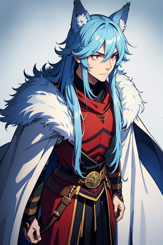 Tall man, wolf ears, Fur cape, armor, winter background, Buff, Stern look, light blue hair, red eyes, martial artist, armor buff