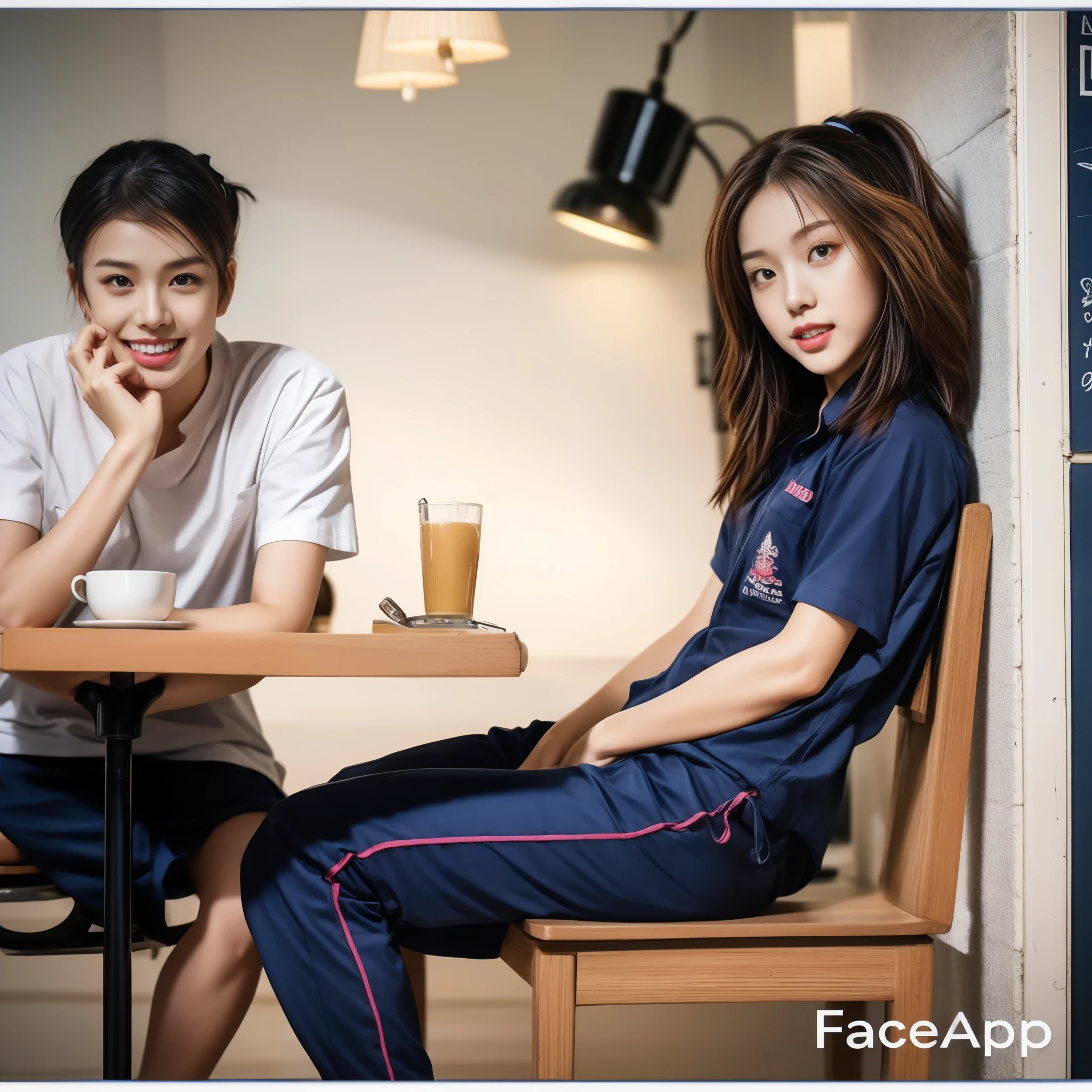 (best quality,10,10,height,Masterpiece:1.2),Special details,(realistic,Realistic picture,Realistic photos:1.37),1 Cute girl in the kitchen,shiny, skin shiny,only,smile softly,BDclothelue shirt:1.3)),short sleeve,shirt, Long pants.,(navy_long_track pants:1.1), ((Kitchen Background)),Dynamic angle,excited,Face focus,dynamic poses,from behind,focus on ass,Masterpiece, best quality, ultra realistic, Too many details, 8k resolution, raw photos, Sharp focus, ((Navy blue shirt:1.1)), short sleeve, long route, perfect body, 2 mature women, 18 years old, Cinema-grade lighting system,blue sweatpants,exercise cloth,correct anatomy,perfect body, correct body, Sharp face, Correct body anatomical, full body, realistic gestures, long-haired, realistic poses,Wear long shorts...........................,The legs are long.,Good shape,carved girl, Slender figure, model, Good shape, beautiful body,blue sweatpants, two girls kissing