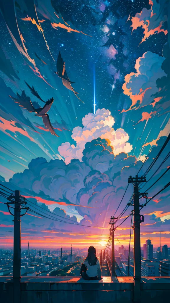 masterpiece, Exquisite detail,Highest quality, One girl, alone, handrail, cloud, buildings,Long Hair, zero, Long sleeve, Power lines, White footwear, Black Hair, Electric pole, bangs, cloudy zero, fish, bird, Green Eyes, Shorts, Day, Black Shirt, barefoot,Star,milky way,Meteors,Pitch black,Buildings,High quality anime art style，Standing painting，Splash ink background,Blue Themes,Clear Face,Distinct facial features,Fuji Mountain,Fuji Mountain,Buildings in Tokyo,Looking at me,View from behind,Shining Star々,milky way,sitting in water,Bright sky,Daytime,Looking straight ahead,Future City,train,Railroad crossing,sunset