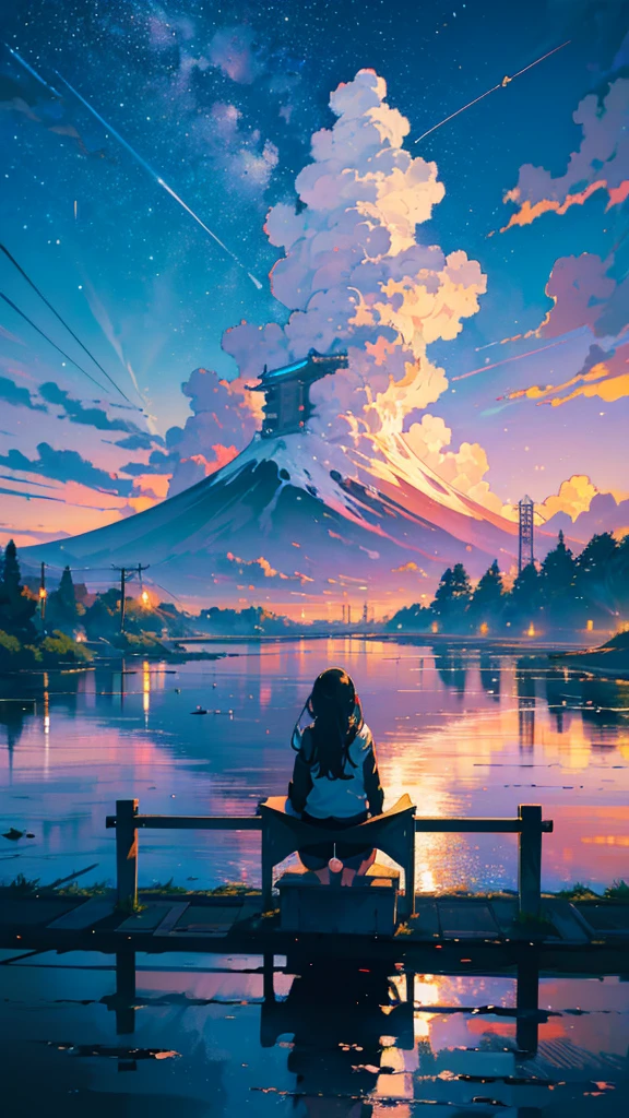 masterpiece, Exquisite detail,Highest quality, One girl, alone, handrail, cloud, buildings,Long Hair, zero, Long sleeve, Power lines, White footwear, Black Hair, Electric pole, bangs, cloudy zero, fish, bird, Green Eyes, Shorts, Day, Black Shirt, barefoot,Star,milky way,Meteors,Pitch black,Buildings,High quality anime art style，Standing painting，Splash ink background,Blue Themes,Clear Face,Distinct facial features,Fuji Mountain,Fuji Mountain,Buildings in Tokyo,Looking at me,View from behind,Shining Star々,milky way,sitting in water,Bright sky,Daytime,Looking straight ahead,Future City,train,Railroad crossing,sunset
