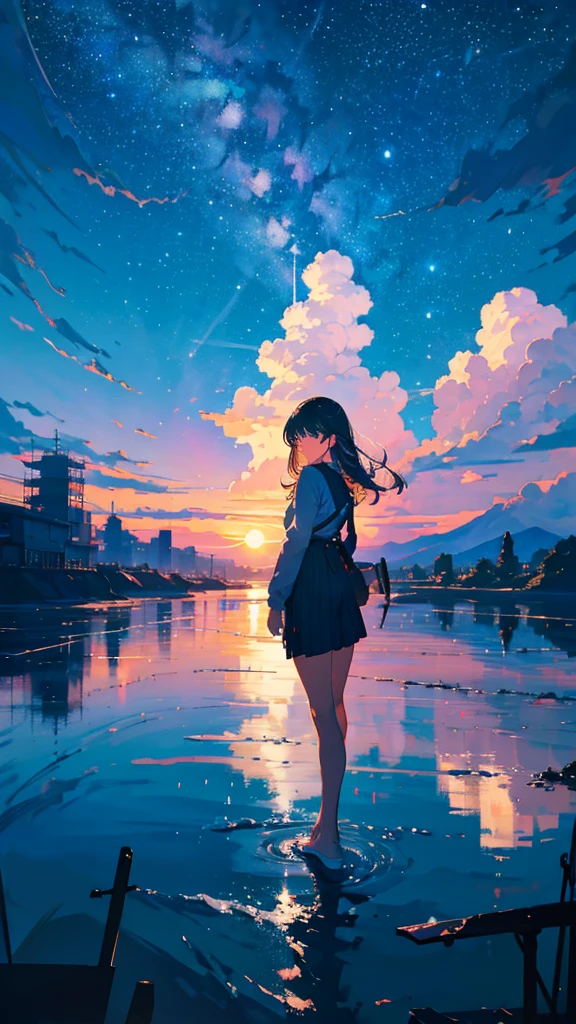 masterpiece, Exquisite detail,Highest quality, One girl, alone, handrail, cloud, buildings,Long Hair, zero, Long sleeve, Power lines, White footwear, Black Hair, Electric pole, bangs, cloudy zero, fish, bird, Green Eyes, Shorts, Day, Black Shirt, barefoot,Star,milky way,Meteors,Pitch black,Buildings,High quality anime art style，Standing painting，Splash ink background,Blue Themes,Clear Face,Distinct facial features,Fuji Mountain,Fuji Mountain,Buildings in Tokyo,Looking at me,View from behind,Shining Star々,milky way,sitting in water,Bright sky,Daytime,Looking straight ahead,Future City,train,Railroad crossing,sunset