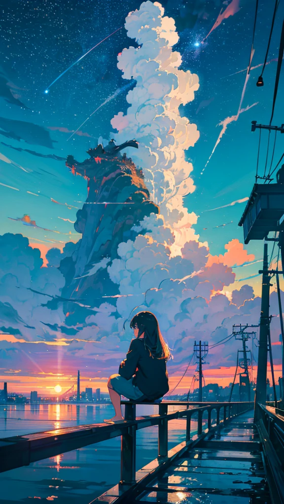 masterpiece, Exquisite detail,Highest quality, One girl, alone, handrail, cloud, buildings,Long Hair, zero, Long sleeve, Power lines, White footwear, Black Hair, Electric pole, bangs, cloudy zero, fish, bird, Green Eyes, Shorts, Day, Black Shirt, barefoot,Star,milky way,Meteors,Pitch black,Buildings,High quality anime art style,Standing painting,Splash ink background,Blue Themes,Clear Face,Distinct facial features,Fuji Mountain,Fuji Mountain,Buildings in Tokyo,Looking at me,View from behind,Shining Star々,milky way,sitting in water,Bright sky,Daytime,Looking straight ahead,Future City,train,Railroad crossing,sunset