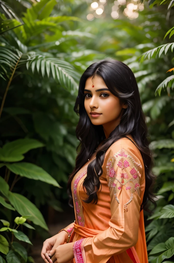 16 year old beautiful Indian girl in Indian salwar kameez, wearing a vibrant orange and pink salwar kameez with intricate embroidery, standing in a lush garden, long black hair adorned with jasmine flowers, delicate jewelry enhancing her natural beauty, surrounded by blooming flowers and greenery, exuding a sense of youthful innocence and grace, Photography, captured with a Nikon D850 using a 50mm f/1.8 lens, --ar 9:16 --v 5