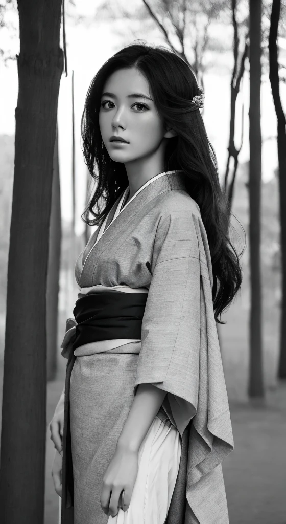 ((Highest quality)), ((masterpiece)), (detailed), 1人のgirl, sexy,Medium to long hair, girl, Traditional Kimono, Calm expression,Turn over the kimono, background, a few trees, Pale gradation sky, Fine lineart, Soft Shadows, , Sparkling details