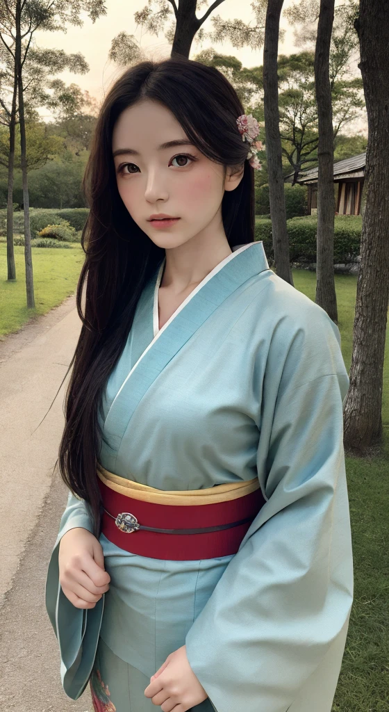 ((Highest quality)), ((masterpiece)), (detailed), 1人のgirl, sexy,Medium to long hair, girl, Traditional Kimono, Calm expression,Turn over the kimono, background, a few trees, Pale gradation sky, Fine lineart, Soft Shadows, , Sparkling details
