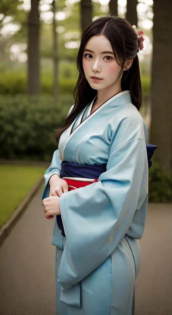 ((Highest quality)), ((masterpiece)), (detailed), 1人のgirl, sexy,Medium to long hair, girl, Traditional Kimono, Calm expression,Turn over the kimono, background, a few trees, Pale gradation sky, Fine lineart, Soft Shadows, , Sparkling details