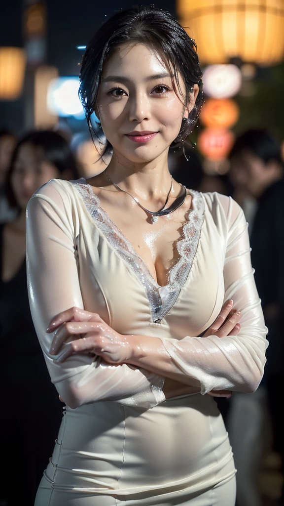 cinematic, Blue hour, (((Ultimate ultra Photorealistic, ultimate high-quality 32k photo))),(((An American shot photo, both arms behind back, show groin part, a40yo ultimate beautiful &cute Japanese actress, looking at viewer:1.5))),(((She has a very intelligent and ultimate beautiful Japanese face&black eyes, pointy nose, ultra detailed face, oval face, very blushing cheeks, ultimate well-proportioned face, seductive smile, seductive hips and Waistline))),((black elegant wet short bob, very light naturally makeup)), Accurate depiction of fingers and arms:1.4, (((She has the ultimately perfect nice&Sensual proportions, very just fitted v-neck half sleeve dark beige elegant lacy buttonless Open-collar very wet one piece dress ))), (((white beautiful ultimate realistic glossy wet Japanese lady Fair and beautiful sweaty skin , A simple and modest silver necklace, very Humid and Hot very dark summer evening ,Tokyo business office street)))