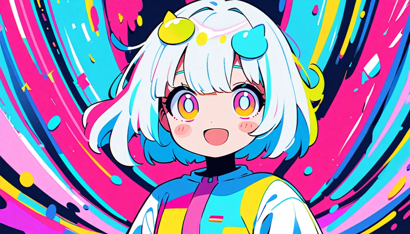 Vibrant art,pop、bright、colorful, 1 female, Light blue hair, short hair、Happy,cute, animation style, kawaii, clearly, colorful cyberpunk, bubblegum pop, cute、Pink and light blue as main colors、I'm cheering loudly、 Headphonesをしている、Headphoneusic、buzzer、buzzer, tropical,