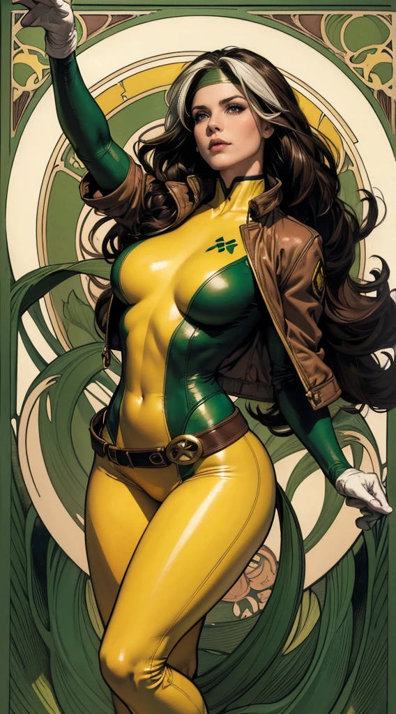 (masterpiece:1.0), (best_quality:1.2), Classic Rogue, 1991 Rogue X-Men, 1 girl, Only 1, full body view, medium length hair, brown hair, wavy hair, messy hair, one lock of white hair, green eyes, mischievous look, smirking, fit figure, curvy figure, medium breasts, lipstick, makeup, jacket, green headband, belt, yellow gloves, skin tight bodysuit, open jacket, light source from above, (realism: 1.5), (Realistic: 1.4), (Absurdity:1.4), 8k, ultra-detailed, Detailed Beautiful Woman, (Art Nouveau style), influence by John William Waterhouse and Alphons Mucha, circles, banners, background colors: green, gold, yellow, white, beige