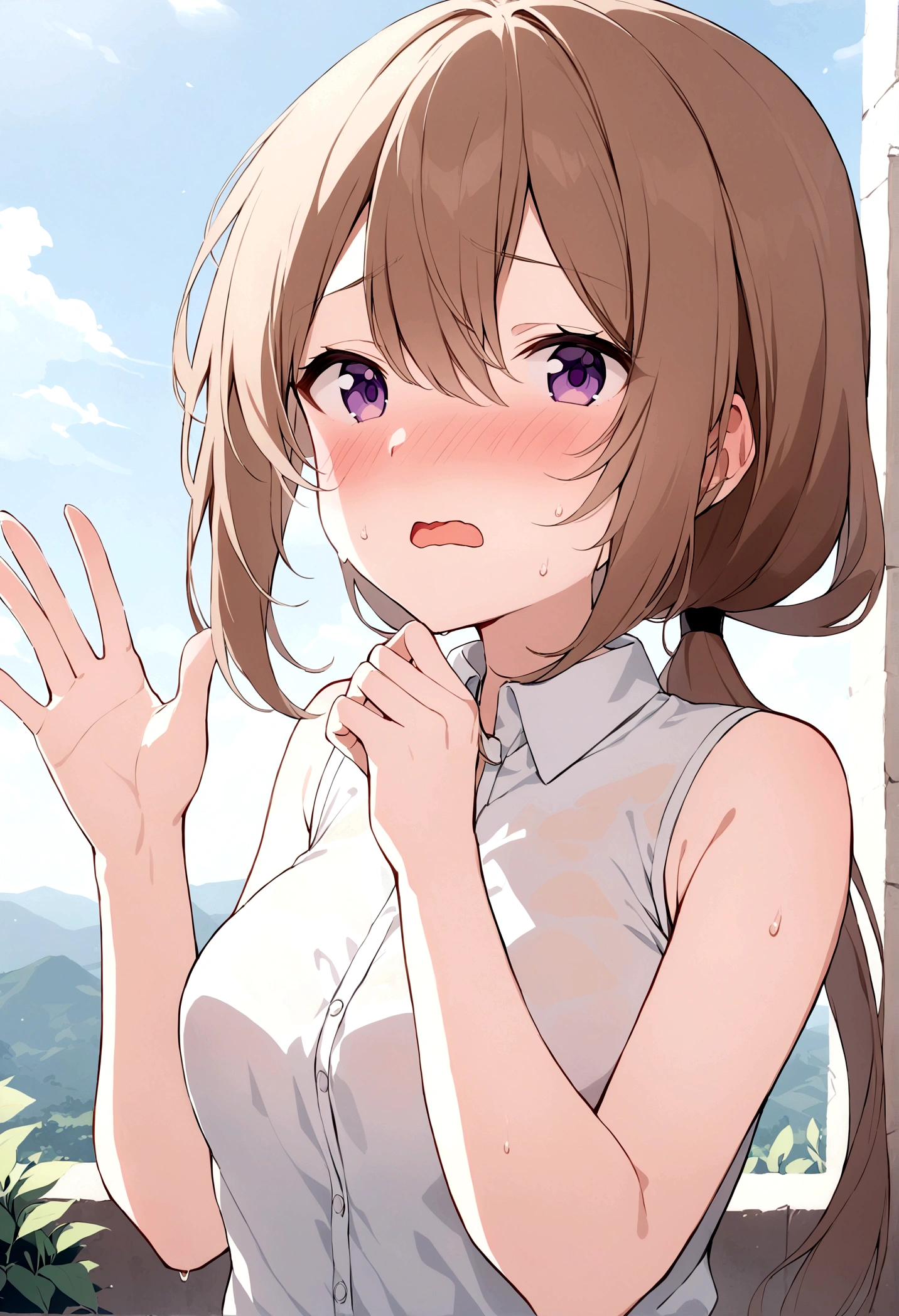 slender, mature female,blush, 1girl, shirt, bangs, white_shirt, open_mouth, solo, purple_eyes, eyebrows_visible_through_hair, collared_shirt, sweat, long_hair, sidelocks, nose_blush, brown_hair, sleeveless_dress,  sleeveless, hand_up, wavy_mouth, hair_between_eyes, ponytail, hands_up, looking_at_viewer, outdoors, looking_away, low_ponytail, sky
