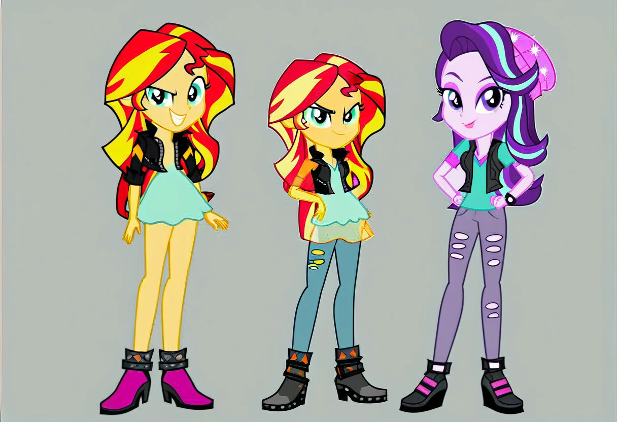 score_9, score_8_up, score_7_up, score_6_up, cartoon, human, equestria girls, sunset shimmer, starlight glimmer, miniskirt, duo female, vector, show accurative, light colors, cartoon. Sunset Shimmer and Starlight Glimmer are standing. Sunset Shimmer are wearing miniskirt, high heels and zippered jackets she is also wearing lipstick and painted eyelids. Starlight Glimmer are wearing miniskirt, high heels and zippered jackets she is also wearing lipstick and painted eyelids. Sunset and Starlight are smiling, looking at you, evil grin, evil smile