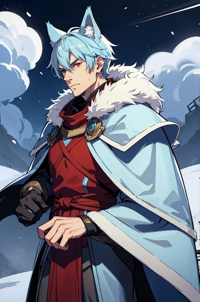 Tall man, wolf ears, Fur cape, armor, winter background, Buff, Stern look, light blue hair, red eyes, martial artist, armor buff, older man