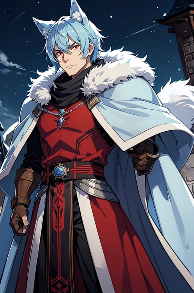 Tall man, wolf ears, Fur cape, armor, winter background, Buff, Stern look, light blue hair, red eyes, martial artist, armor buff, older man