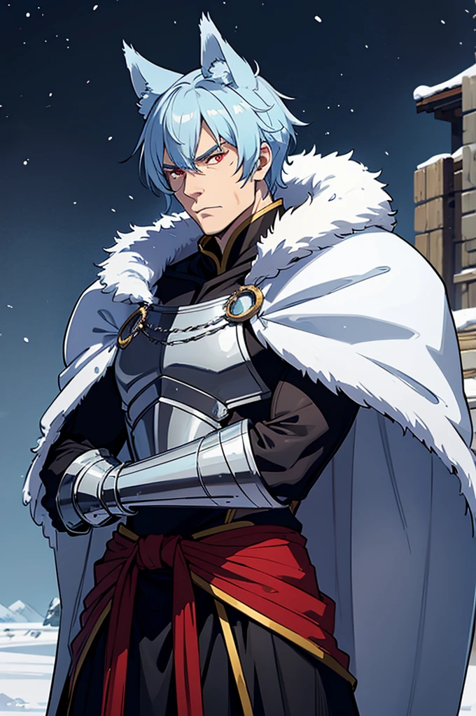 Tall man, wolf ears, Fur cape, armor, winter background, Buff, Stern look, light blue hair, red eyes, martial artist, armor buff, older man
