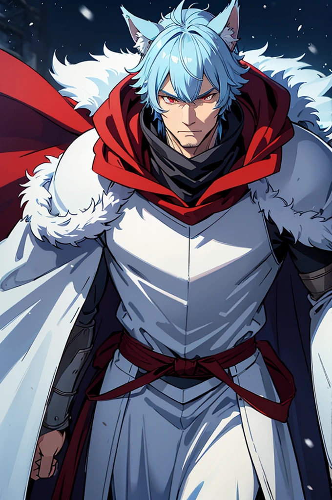 Tall man, wolf ears, Fur cape, armor, winter background, Buff, Stern look, light blue hair, red eyes, martial artist, armor buff, older man