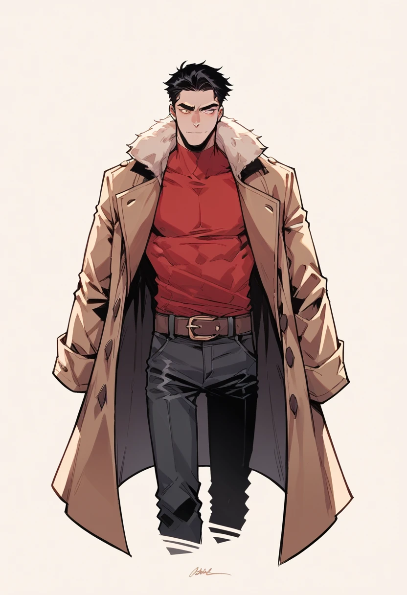 Human Male, Black hair Style ,Coat , Red shirt, 